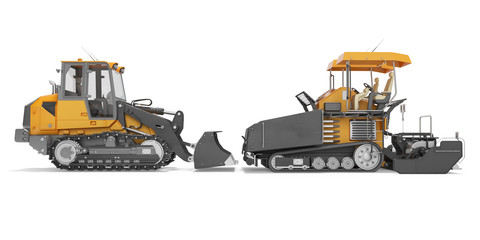Road construction machinery crawler paver and caterpillar bulldozer side view 3D rendering on white background with shadow
