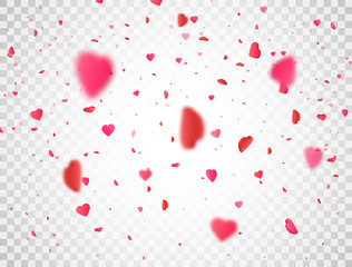 Valentines Day background with 3d pink heart falling on transparent background. Heart confetti border. Flower petal in shape of heart. Color confetti for greeting cards. Vector illustration