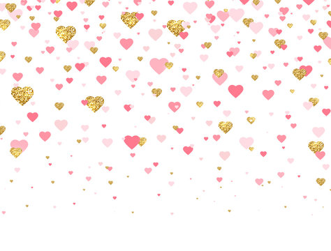 Glitter gold and pink hearts background. Valentines Day design element. Bright doodle heart confetti. Romantic wallpaper design with symbol of love. Vector illustration