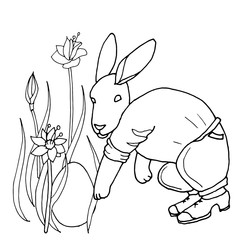 Easter bunny hides eggs in flowers. Black and white coloring book in the style of hand-drawing.