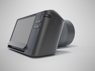 3D rendering digital camera with large screen on gray background with shadow