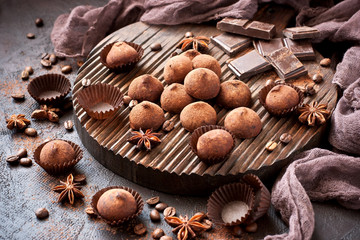 Chocolates Truffles  and pieces chocolate  on  dark background