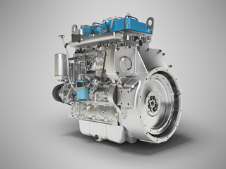 3D rendering of blue diesel engine for car assembly on gray background with shadow