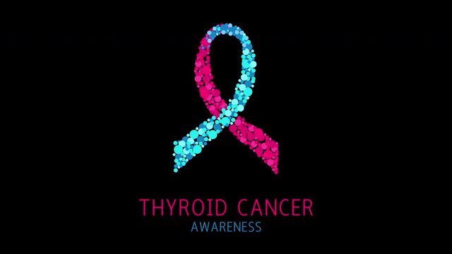 Thyroid cancer disease awareness day animation. Teal, pink and blue ribbon made of dots. Hyperthyroism problem. Medical concept. Seamless loop motion graphics with alpha channel.