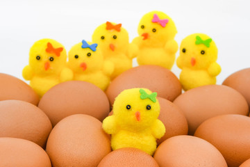 Close up of a yellow chick made of foam sitting among a clutch of fresh brown eggs. In the background are other model chicks.