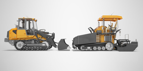 Obraz na płótnie Canvas Road construction machinery crawler paver and caterpillar bulldozer side view 3D rendering on gray background with shadow