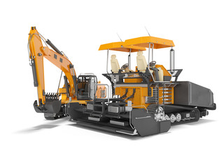 Road machinery orange asphalt spreader machine and crawler excavator 3D rendering on white background shadow