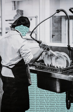 Collage of anonymous man in professional kitchen cleaning dishes