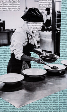 Collage of anonymous chef in professional kitchen