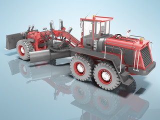 Red grader to align the road rear view 3D rendering on blue background with shadow