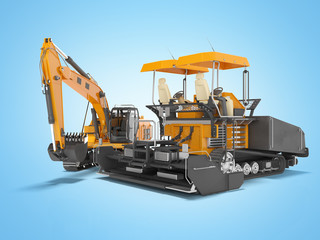 Road machinery orange asphalt spreader machine and crawler excavator 3D rendering on blue background shadow