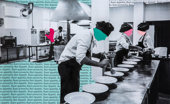Collage of people working in a kitchen with Bon appetit text.