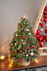 Beautiful small Christmas tree on wooden table. Happy mood. Garland lamp bokeh on background. Wallpaper. Danish pine and fir, Nobilis