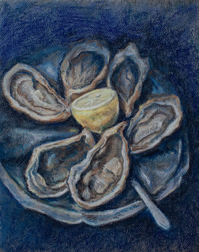 Soft pastel drawing of oysters on plate