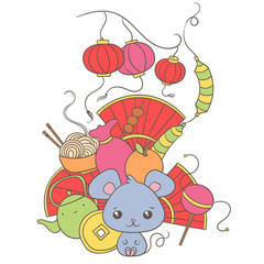 Doodles colorful art with Chinese New Year decorations and kawaii mouse, symbol of 2020 year.  Festival bangers, lanterns, fans, asian food. 