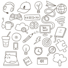 Doodle set with computer geek and gamer objects. Programming and gaming items in cartoon outline. Easy to change color. 