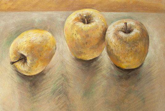 Soft pastel drawing of three yellow apples