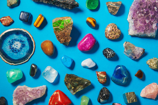 Crystals and Gems on a Turquoise Background.