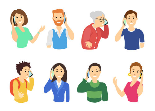 People calling by telephone. Men, women, teenagers talking phone. Communication and conversation with smartphone characters. Flat Cartoon vector illustration.