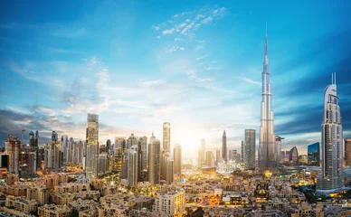 Türaufkleber Dubai Erstaunlicher Panoramablick auf die futuristische Skyline von Dubai, Downtown Dubai, Vereinigte Arabische Emirate