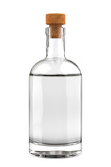 Clear Glass Liquor, Rum or Cognac Bottle is Partially Filled. 3D Close Up Illustration Isolated on White Background.