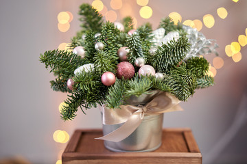 Two Small arrangements of fresh spruce in a metal pot. Christmas mood. Bokeh of Garland lights on background.