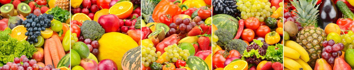 Wide background healthy fresh vegetables, fruits and berries.