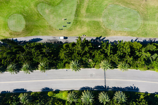 Aerial view of the golf course and surrounding roads