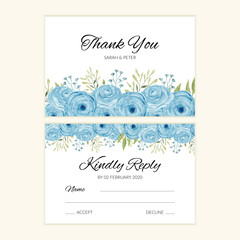 Wedding RSVP card template with blue watercolor rose decoration