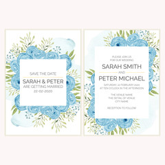 Set of wedding invitation with watercolor blue rose decoration