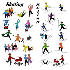 Large set of skiers and figure skaters . White background.