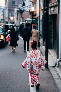 Adorable little girl on street in kimono,Kyoto