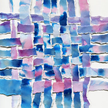 Watercolor woven paper collage in blue and violet shades