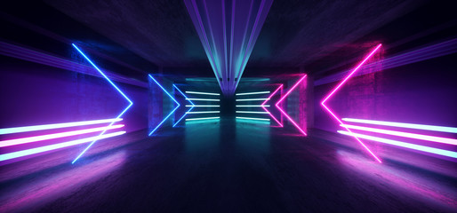 Fluorescent Led Lights Futuristic Sci Fi Tunnel Corridor Hallway Underground Garage Grunge Studio Concrete Podium Cyber Virtual Neon Arrows Glowing Purple Blue 3D Rendering