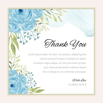 Thank you card template with watercolor blue rose ornament