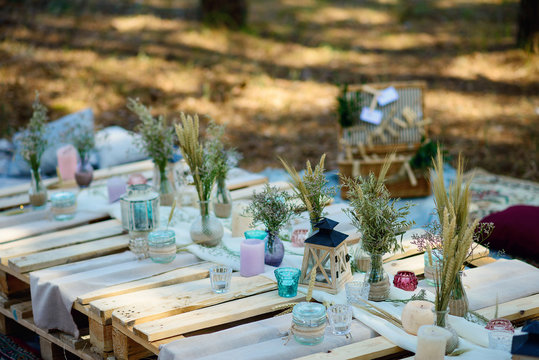 Boho Style Party Decor In The Forest. Party Decoration For A Bachelorette Party.