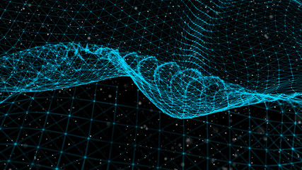 Perspective grid. Multi-colored particles and lines. Abstract digital background. 3d rendering.