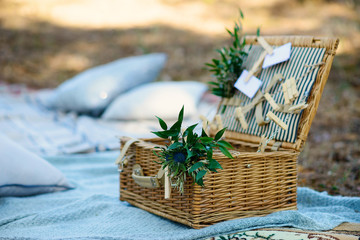 Boho style party decor in the forest. Party decoration for a bachelorette party. © Tasha Sinchuk