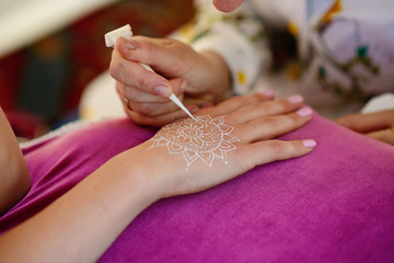 Beautiful drawing of henna on the hand. Mehendi drawing.