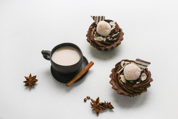 Freshness glass of milk with chocolate cup cake for breakfast image