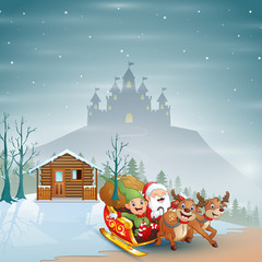 Santa Claus riding his sleigh passing through the snowy cottage