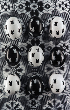 Black and white Easter Eggs with a simple cute bunnies design