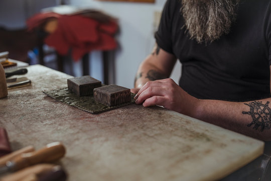 Man Working At Manufacture Of Craft Leather Products