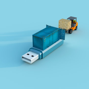 Cargo container on top of an usb pen drive being load by a forklift