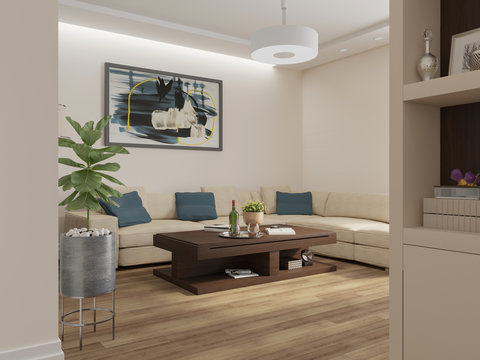Modern living room interior design 3D Rendering, 3D Illustration