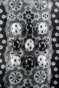 Black and white Easter Eggs with a simple cute bunnies design