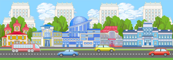 Colored urban landscape with church, business center, museum, hotel, hospital, skyscrapers and apartment houses. Street downtown billboard. City modern buildings near the road with cars and bus.