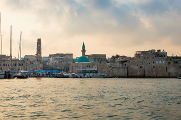 Fototapeta premium View of the fortification of the old city Akko from boat. Israel.