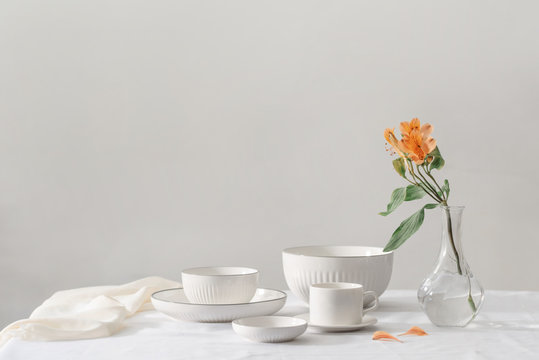 Set of white minimal tableware.