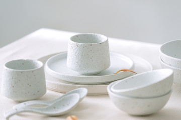 Set of white minimal tableware.